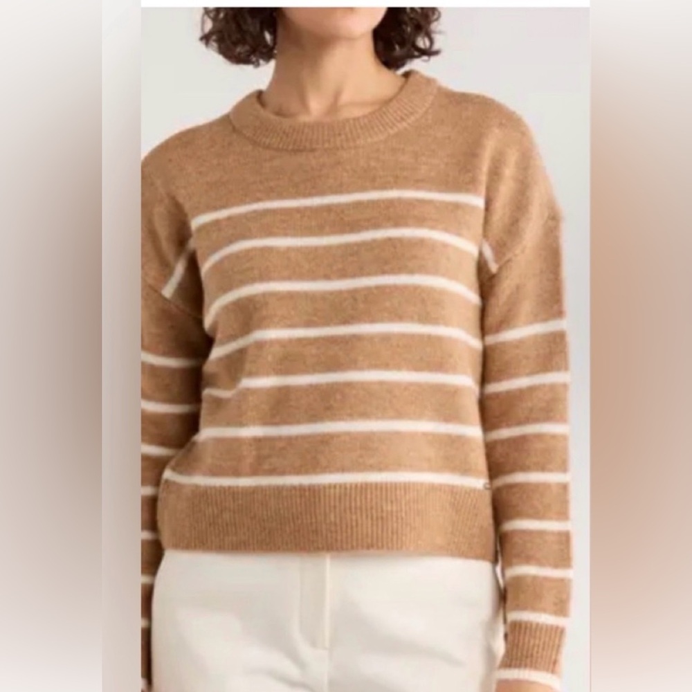Designer $89 JASON WU Wool Classic Crewneck Americana Striped Sweater Camel - Picture 1 of 11